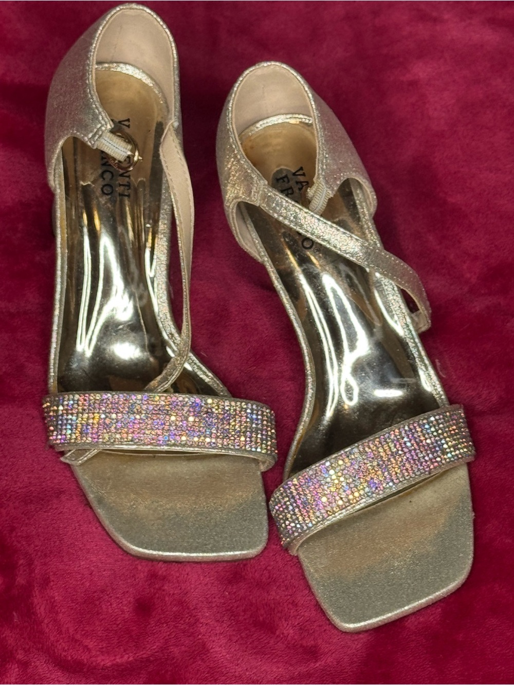 Valenti Franco Gold Strappy Heels with Multicolor Crystal Band